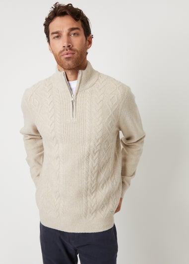 Threadbare Natural Cable Knit Detail Quarter Zip Jumper