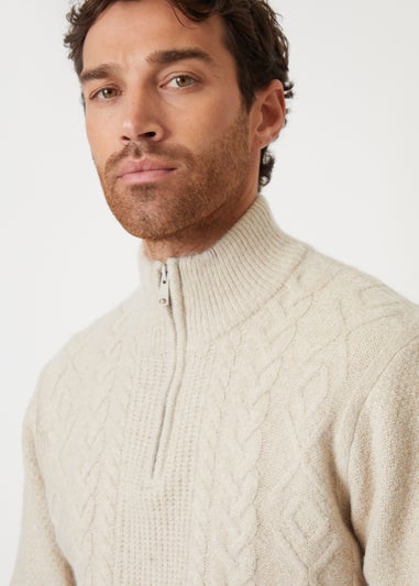 Threadbare Natural Cable Knit Detail Quarter Zip Jumper