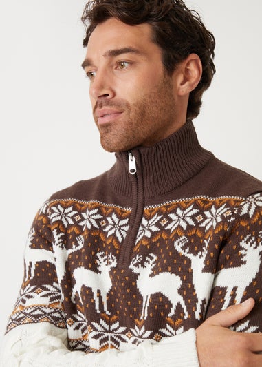 Threadbare Natural Fairisle Cable Knit Quarter Zip Christmas Jumper