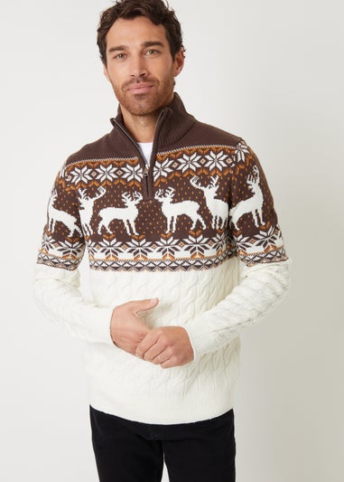 Threadbare Natural Fairisle Cable Knit Quarter Zip Christmas Jumper