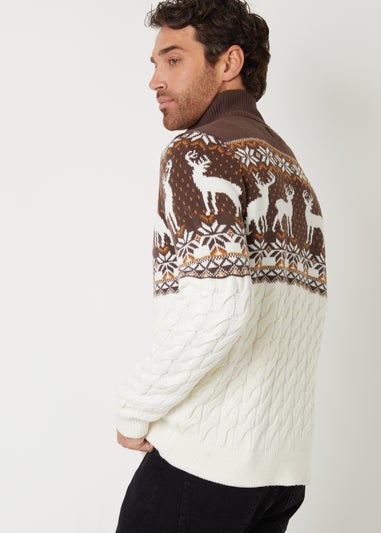 Threadbare Natural Fairisle Cable Knit Quarter Zip Christmas Jumper
