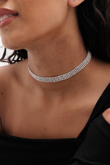 Mood Silver Crystal Fixed Diamante Choker Necklace