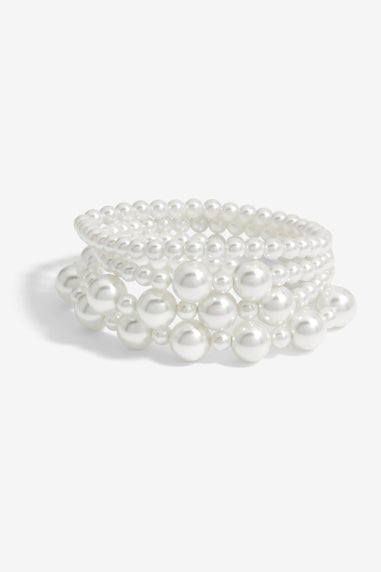 Mood Silver Cream Pearl Multi Stretch Bracelet (Pack Of 4)