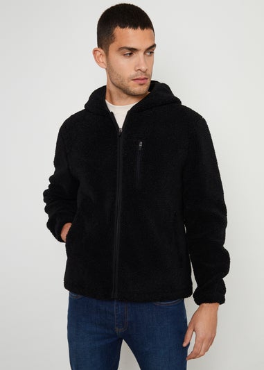 Threadbare Black Zip Through Borg Hoodie