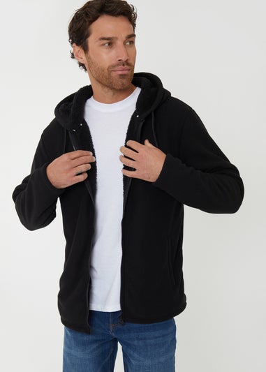 Threadbare Black Waffle Texture Sherpa Lined Zip Through Hoodie