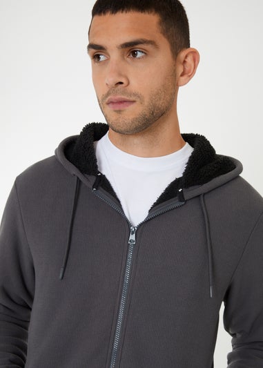 Threadbare Dark Grey Waffle Texture Sherpa Lined Zip Through Hoodie