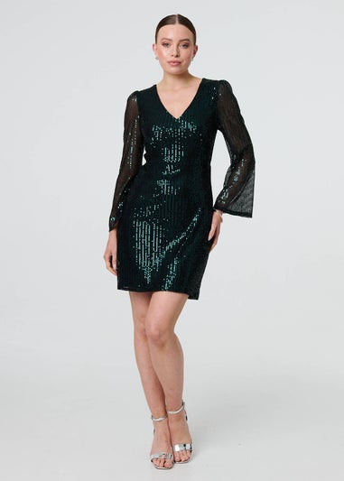 Izabel London Green Sequin Semi Sheer Long Sleeve Mini Dress