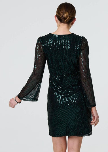 Izabel London Green Sequin Semi Sheer Long Sleeve Mini Dress