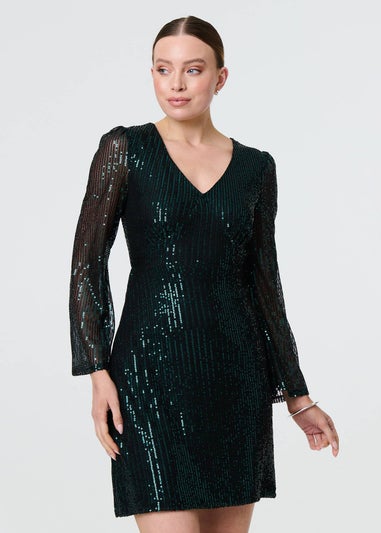 Izabel London Green Sequin Semi Sheer Long Sleeve Mini Dress