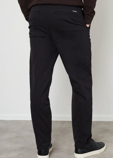 Threadbare Black Cotton Straight Leg Pleated Chino Trousers With Stretch