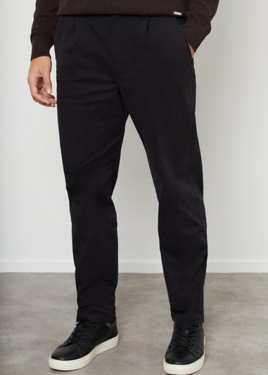 Threadbare Black Cotton Straight Leg Pleated Chino Trousers With Stretch