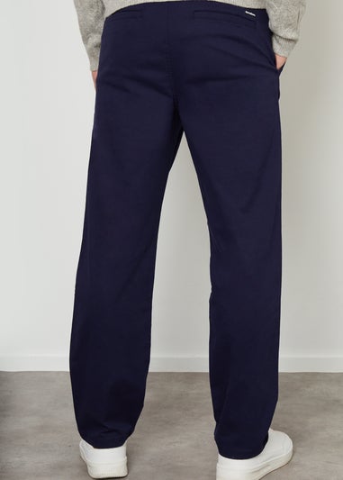 Threadbare Navy Cotton Straight Leg Pleated Chino Trousers With Stretch