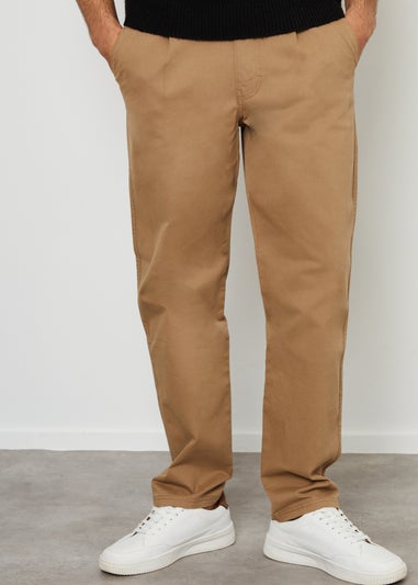 Threadbare Stone Cotton Straight Leg Pleated Chino Trousers With Stretch