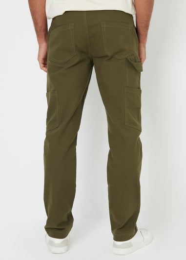 Threadbare Khaki Cotton Straight Leg Chino Cargo Trousers With Stretch