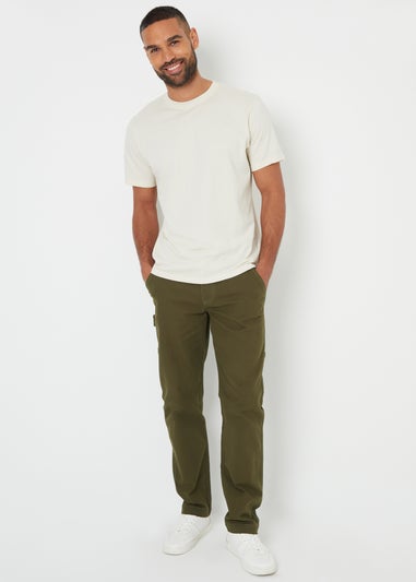 Threadbare Khaki Cotton Straight Leg Chino Cargo Trousers With Stretch