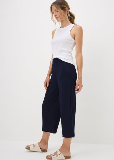 Navy Textured Cropped Trousers