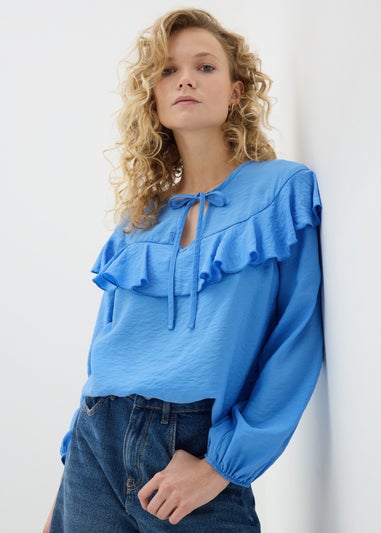 Blue Frill Tie Neck Blouse