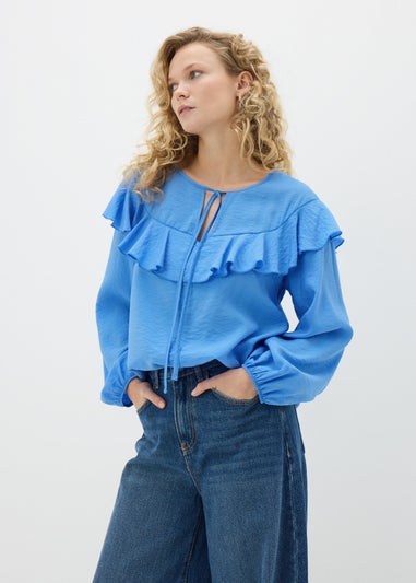 Blue Frill Tie Neck Blouse