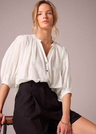 Et Vous White Cotton Blouson Sleeve Blouse