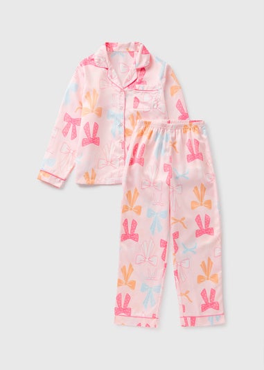 Girls Pink Bow Satin Button Up Pyjama Set (4-13yrs)