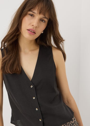 Black Linen Blend Button Up Vest Top