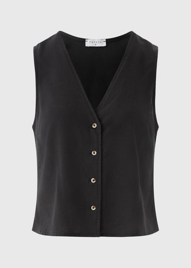 Black Linen Blend Button Up Vest Top