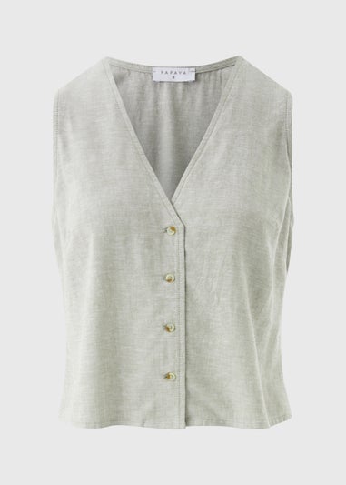 Sage Green Linen Blend Button Up Vest Top