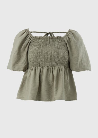 Green Shirred Tie Back Blouse