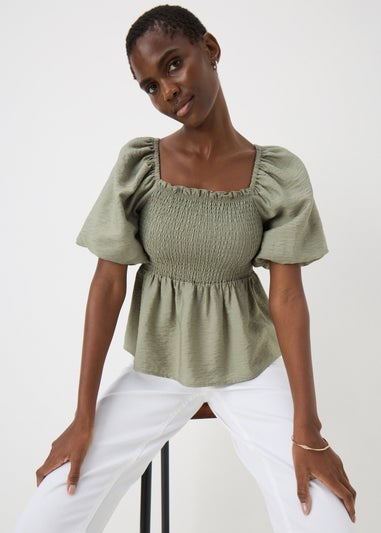 Green Shirred Tie Back Blouse