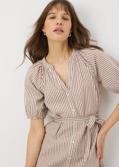 Brown Stripe Mini Puff Sleeve Dress
