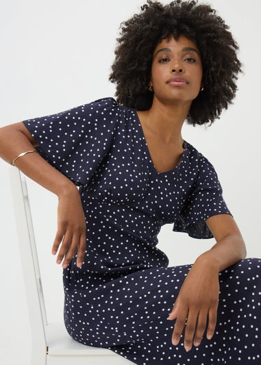 Navy Spot Print Midi Dress