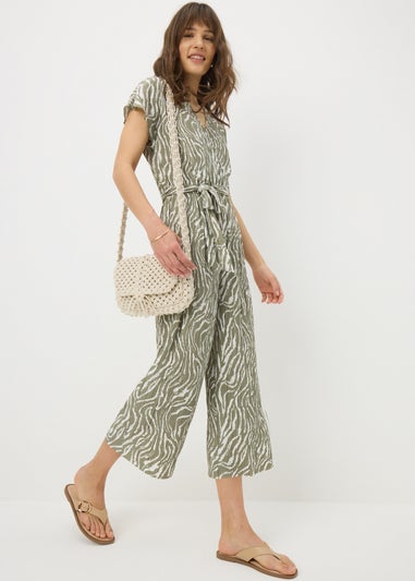 Sage Green Zebra Print Plisse Jumpsuit