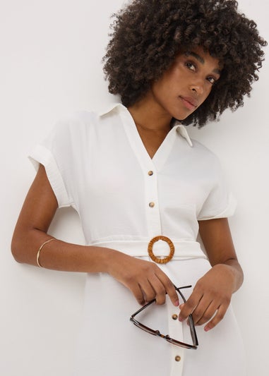 Cream Buckle Midi Shirt Dress