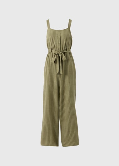 Khaki Stripe Button Front Jumpsuit