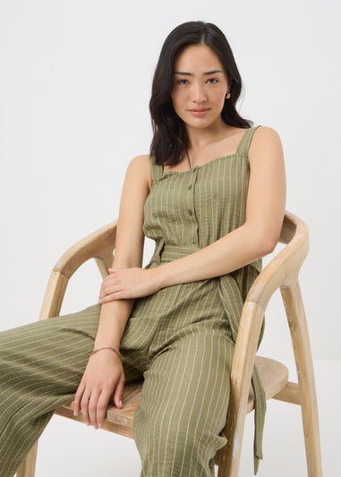 Khaki Stripe Button Front Jumpsuit