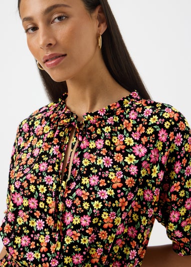 Multicolour Floral Frill Neck Midi Dress