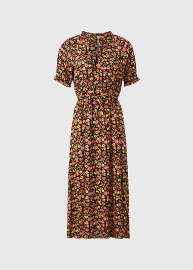 Multicolour Floral Frill Neck Midi Dress
