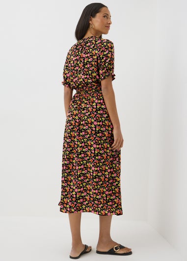 Multicolour Floral Frill Neck Midi Dress