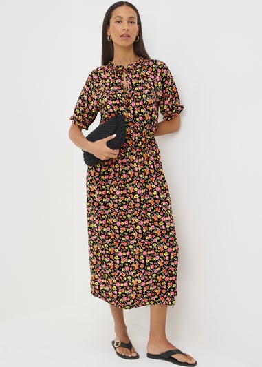Multicolour Floral Frill Neck Midi Dress