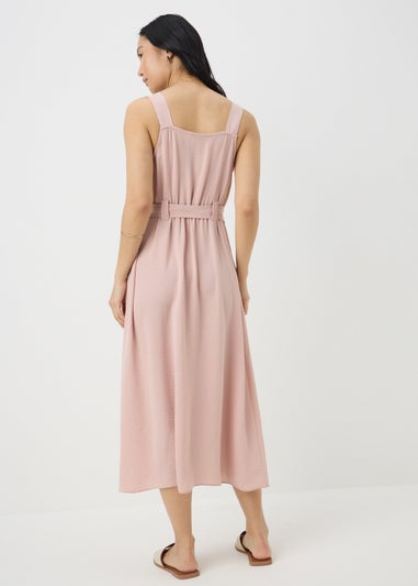 Pink Belted Square Neck Midi Dress