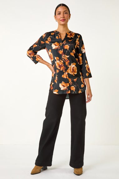 Roman Gold Floral Print Satin Button Blouse