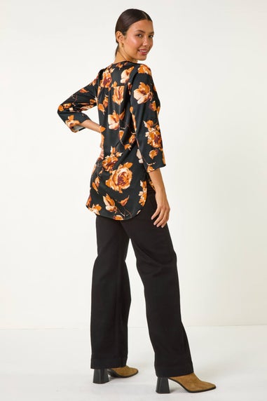 Roman Gold Floral Print Satin Button Blouse