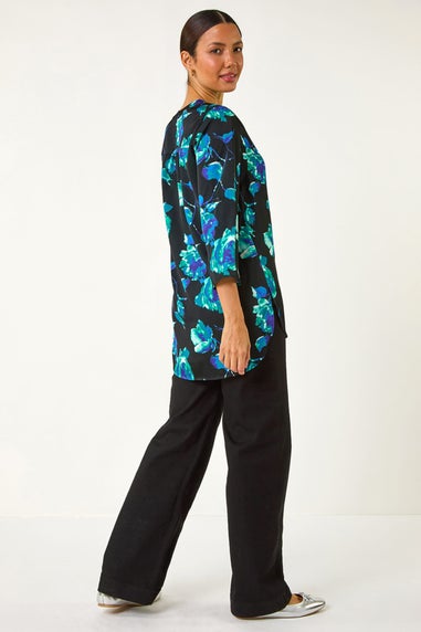 Roman Teal Floral Print Satin Button Blouse