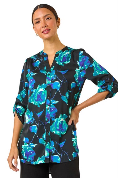 Roman Teal Floral Print Satin Button Blouse