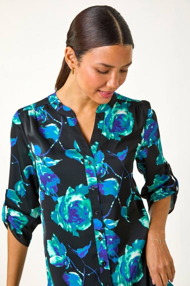 Roman Teal Floral Print Satin Button Blouse