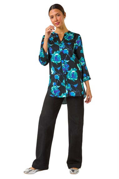 Roman Teal Floral Print Satin Button Blouse