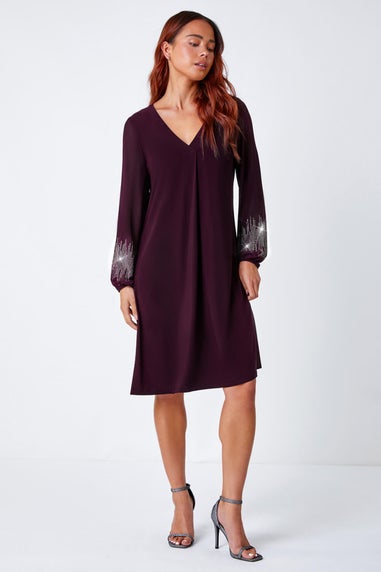 Roman Plum Petite Sparkle Sleeve Stretch Dress