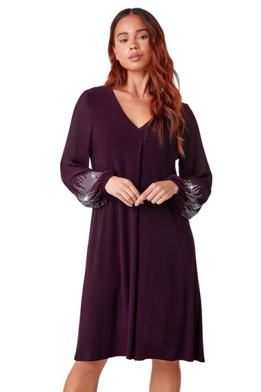 Roman Plum Petite Sparkle Sleeve Stretch Dress