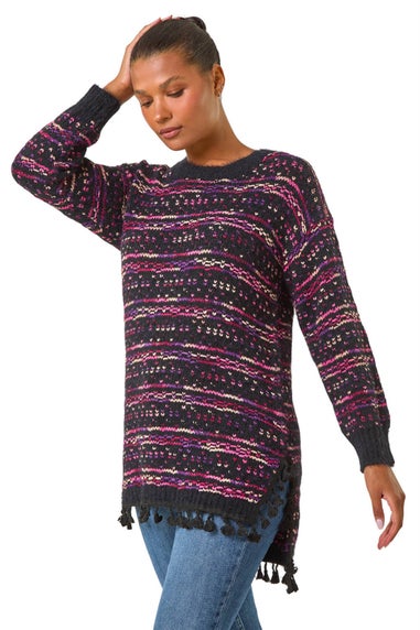 Roman Black Boucle Fringe Hem Tunic Jumper