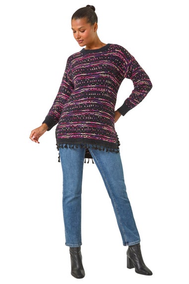 Roman Black Boucle Fringe Hem Tunic Jumper